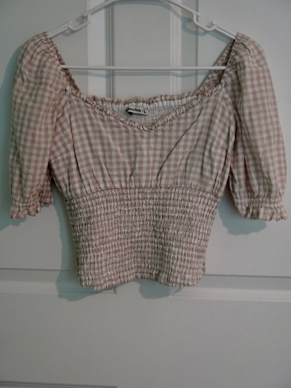 Abercrombie & Fitch Beige and Pale Gingham Smocked Crop Top